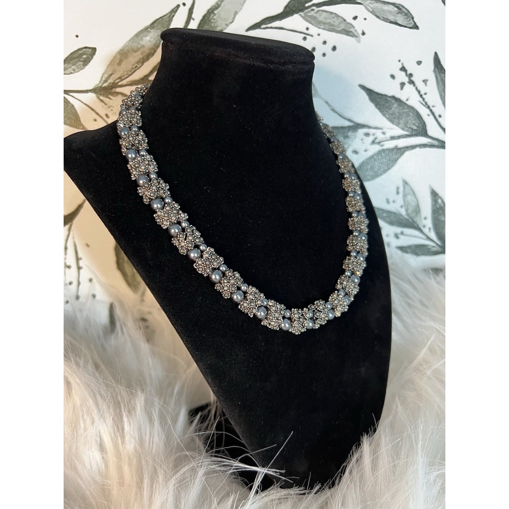 Rare Vintage Silver Tone Rhinestone & Gray Faux Pearl Necklace Hard To Find Gift